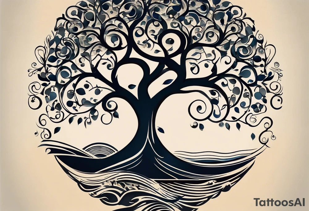 A tattoo design that incorporates the following elements: an abstract tree of life that has roots emerging  from the ground. Waves of water encapsulate the tree and wind around it in an organic way.  Incorporate music.   the letters U and A are overlapping and engraved into the tree. a golf ball incorporated but not prominent. tattoo idea