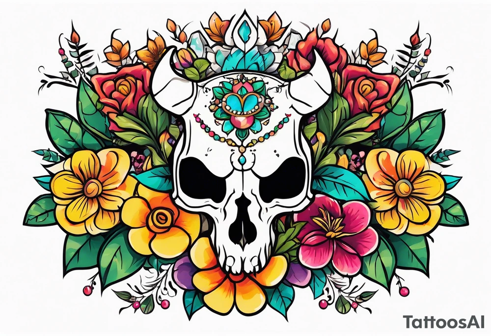 Neo traditional floral chest piece with animal skull and gems tattoo idea