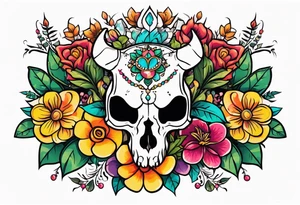 Neo traditional floral chest piece with animal skull and gems tattoo idea