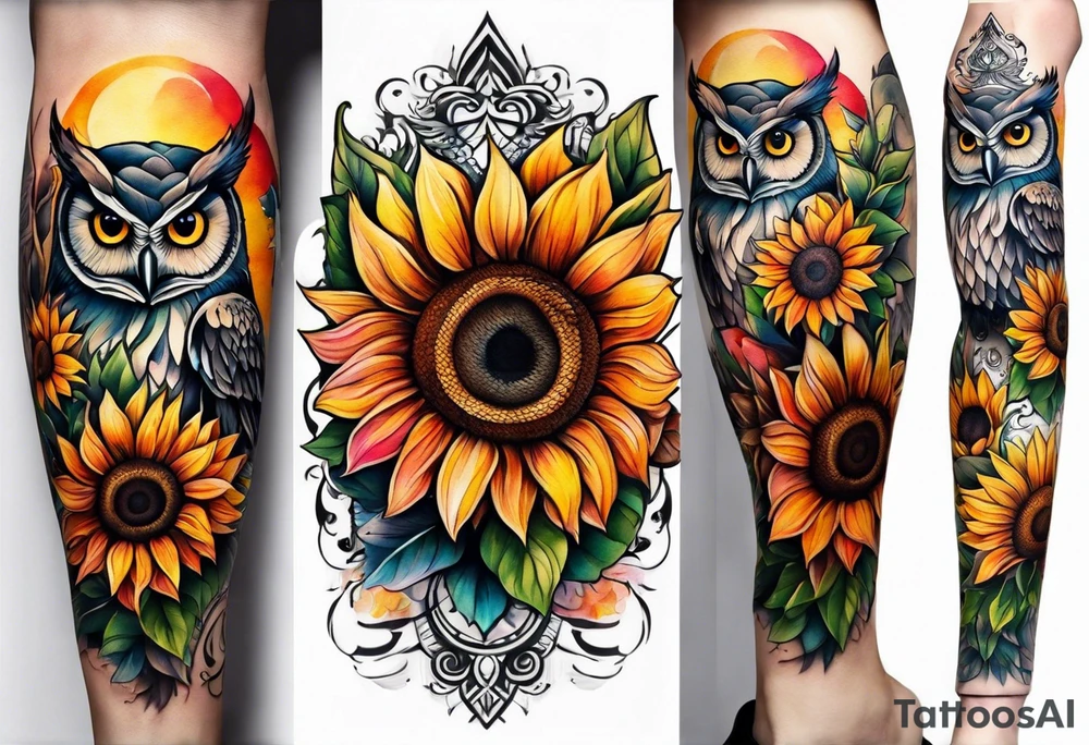 Leg sleeve with colorful sunflowers and an owl tattoo idea