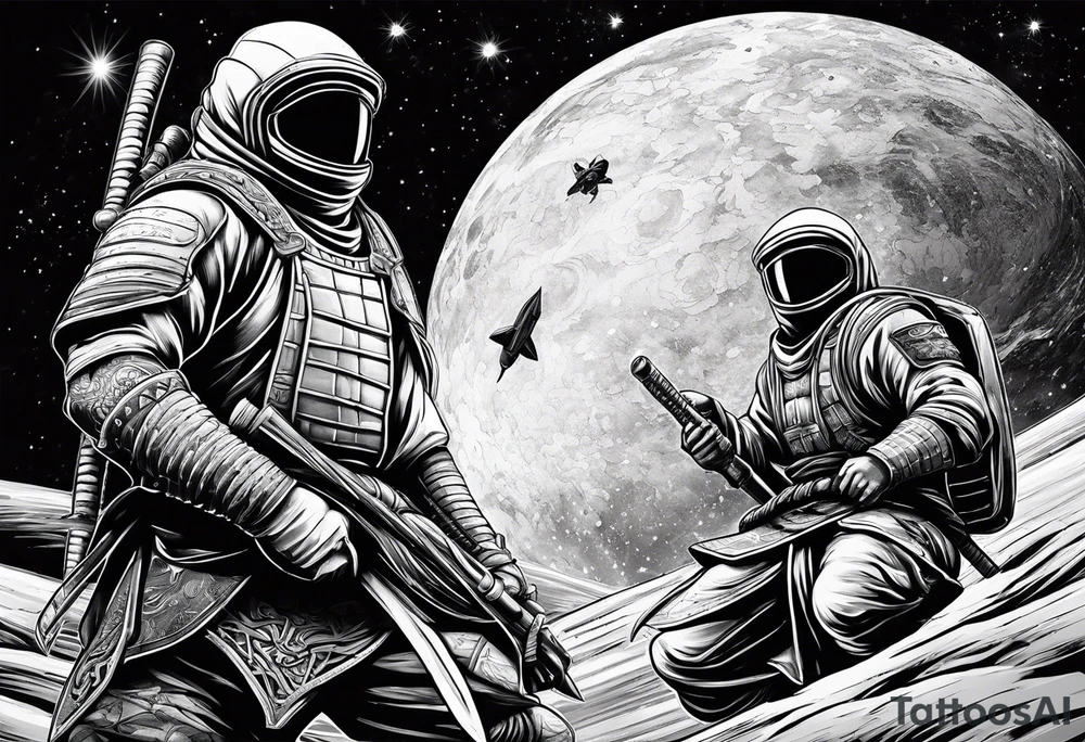 samura versus ninja, in space, with rocket tattoo idea