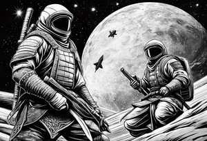 samura versus ninja, in space, with rocket tattoo idea