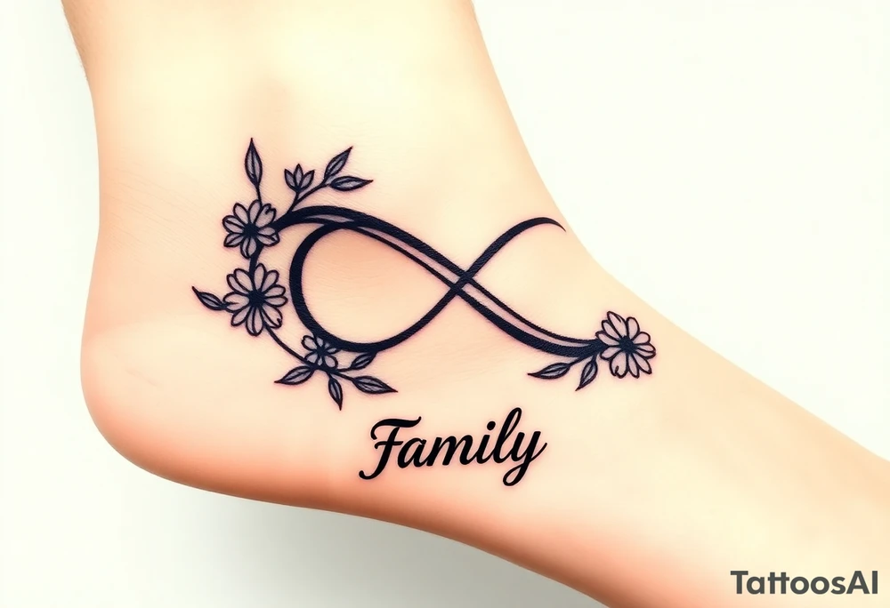 An infinity symbol surrounded by a wreath of wildflowers, with the word "family" flowing beneath tattoo idea