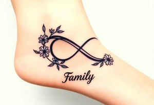 An infinity symbol surrounded by a wreath of wildflowers, with the word "family" flowing beneath tattoo idea