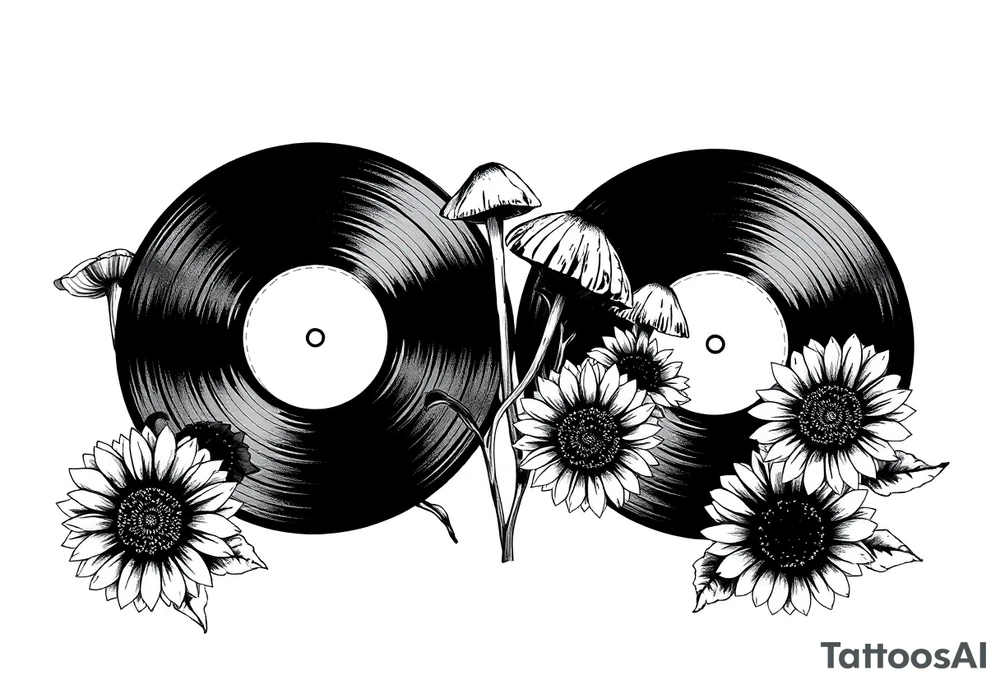 two overlapping vinyl records with mushrooms and sunflowers tattoo idea