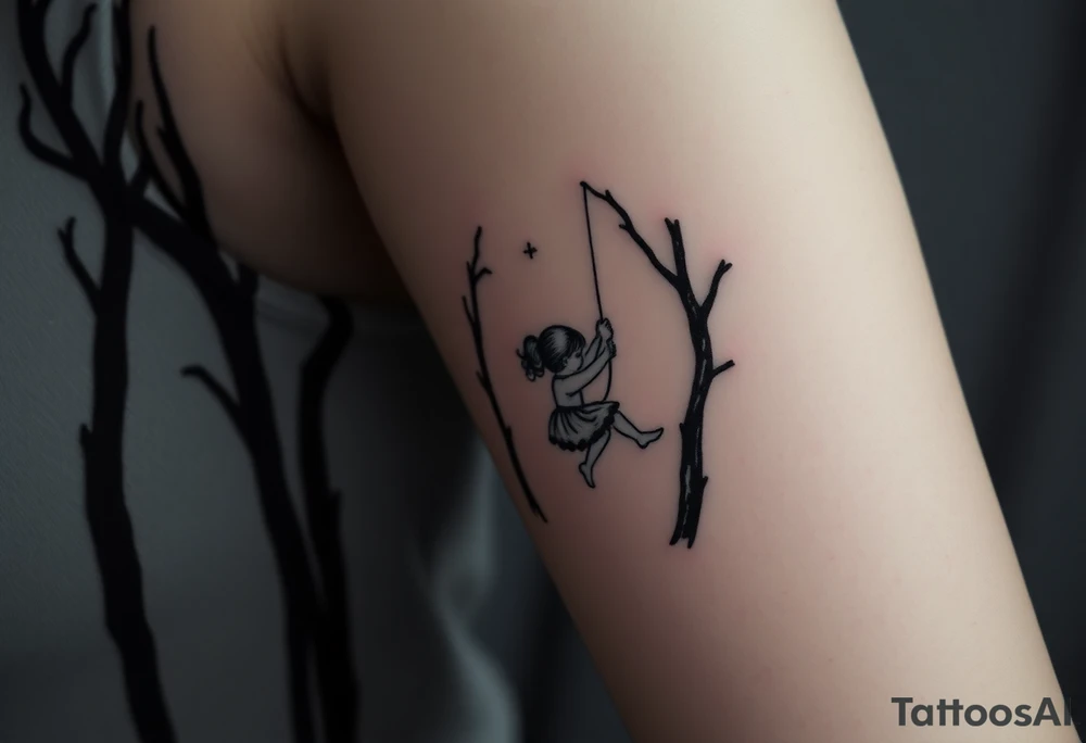 Little girl swinging in a dark scary forest tattoo idea