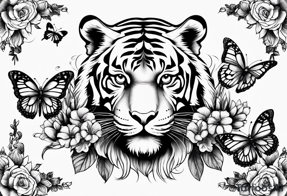 tiger, 3 butterflies, flowers for ladies thigh / hip tattoo idea