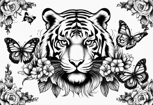 tiger, 3 butterflies, flowers for ladies thigh / hip tattoo idea