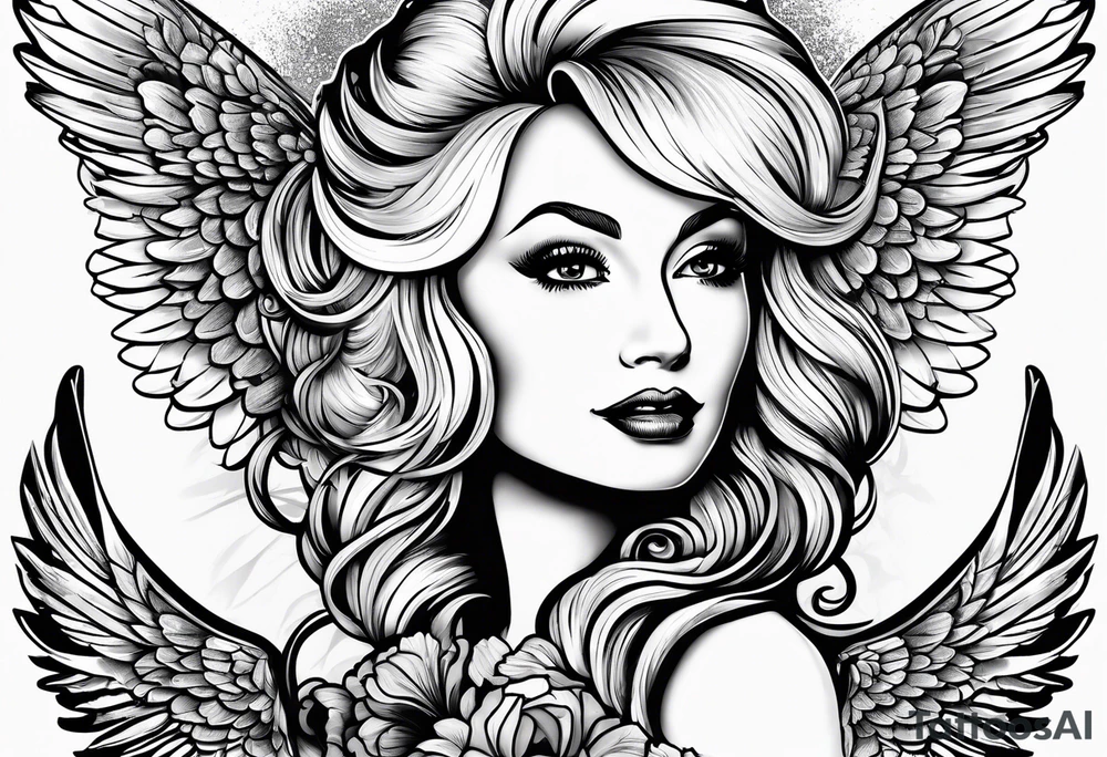 An angelic tattoo featuring Dolly Parton, an acorn, wings tattoo idea