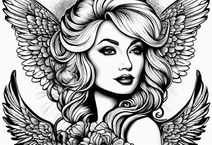 An angelic tattoo featuring Dolly Parton, an acorn, wings tattoo idea