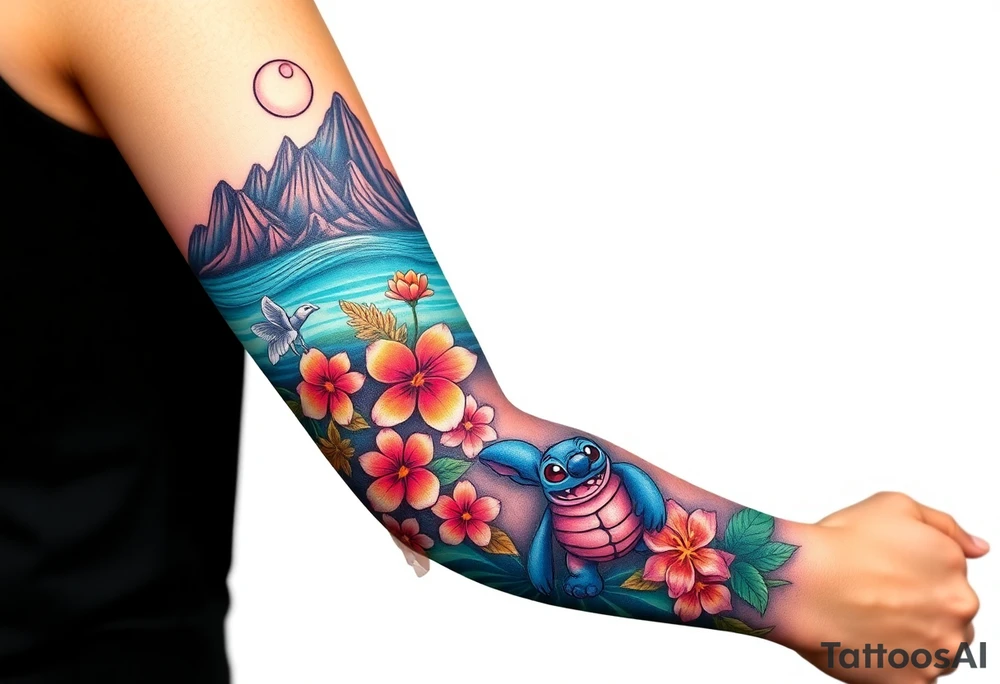half sleeve, hawaiian theme, with water, mountains, tropical flowers, turtles. and disneys moana and lilo and stitch characters tattoo idea