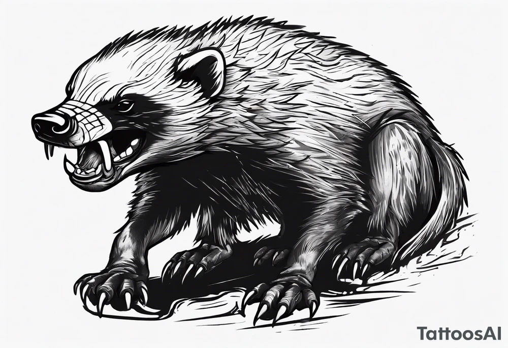 Angry, snarling, detailed honey badger with its snout forward and legs outstretched at its sides tattoo idea