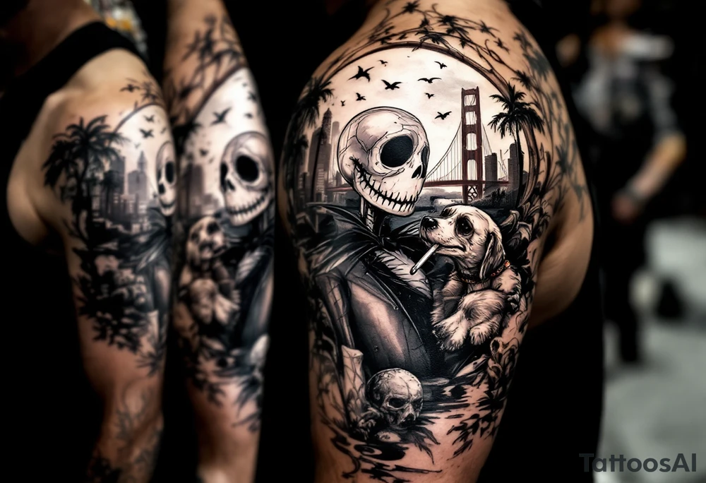 jack skellington with dog,smoking a blunt and fishing,surrounded by city buildings,golden gate bridge, birds, palm trees, tattoo idea
