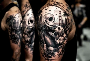 jack skellington with dog,smoking a blunt and fishing,surrounded by city buildings,golden gate bridge, birds, palm trees, tattoo idea