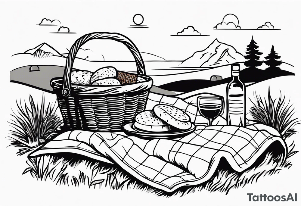 picnic scene in nature with a shecker blanket, a picnic basket and pillows. no food tattoo idea
