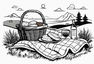 picnic scene in nature with a shecker blanket, a picnic basket and pillows. no food tattoo idea