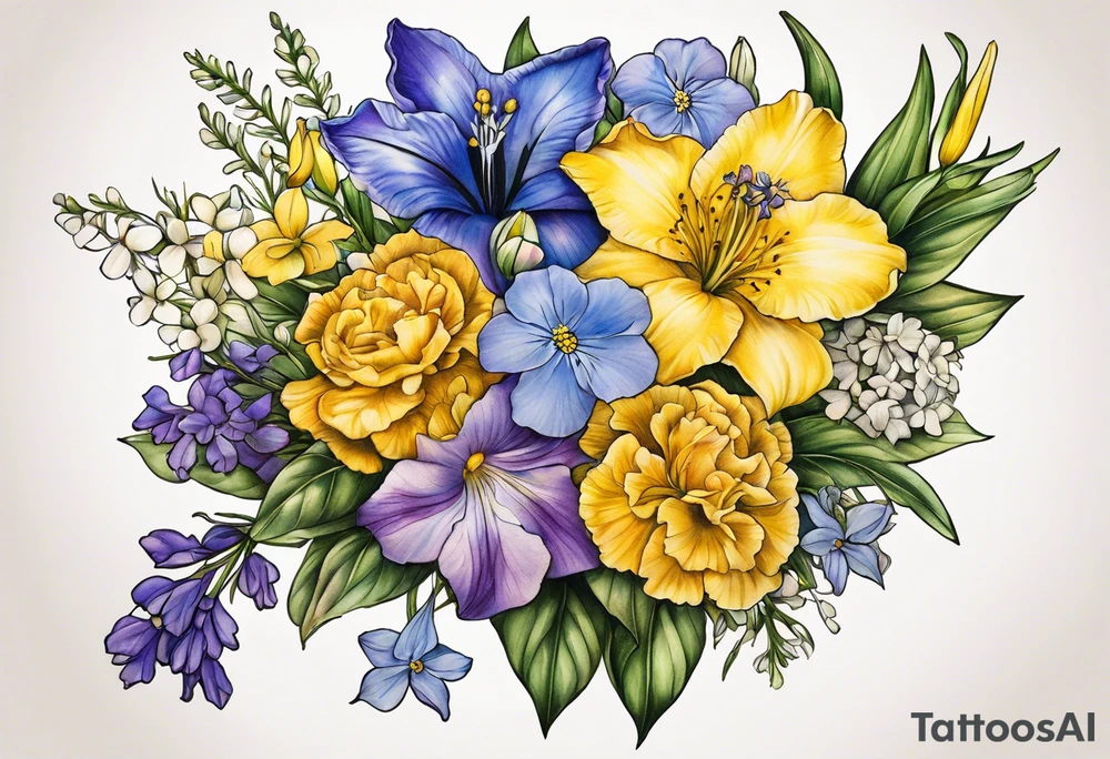 Bouquet tattoo tied with a ribbon With the following flowers on forearm. 
Carnations
Lilly’s 
Larkspur 
Morning glory 
Iris 
Yellow cedar
Yellow elder 
Forget me not 
Purple violets 
Lingum vitae 
Dogwood flower tattoo idea