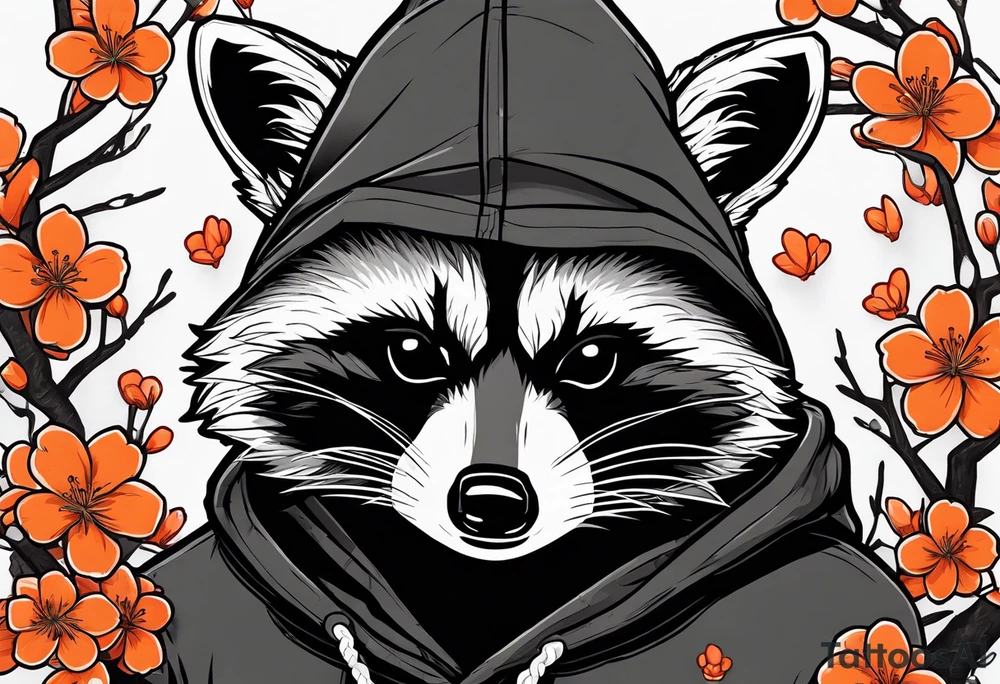 Raccoon wearing a white Superman logo on a black hoodie and orange Japanese cherry blossoms beside tattoo idea