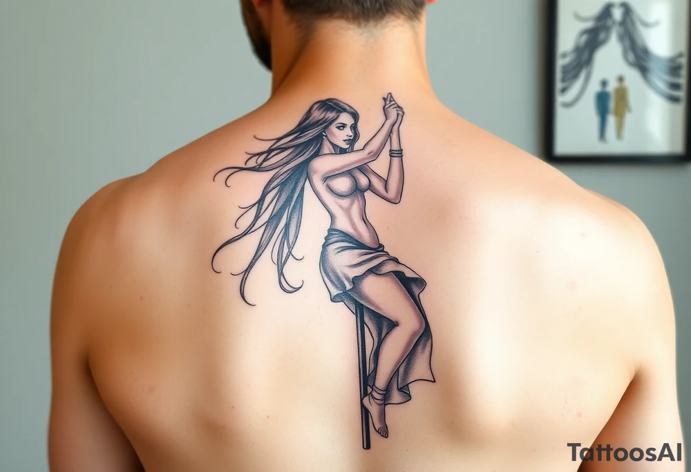 soft watercolor depiction a beautiful woman pole dancing with long flowing hair tattoo idea