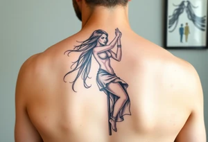 soft watercolor depiction a beautiful woman pole dancing with long flowing hair tattoo idea