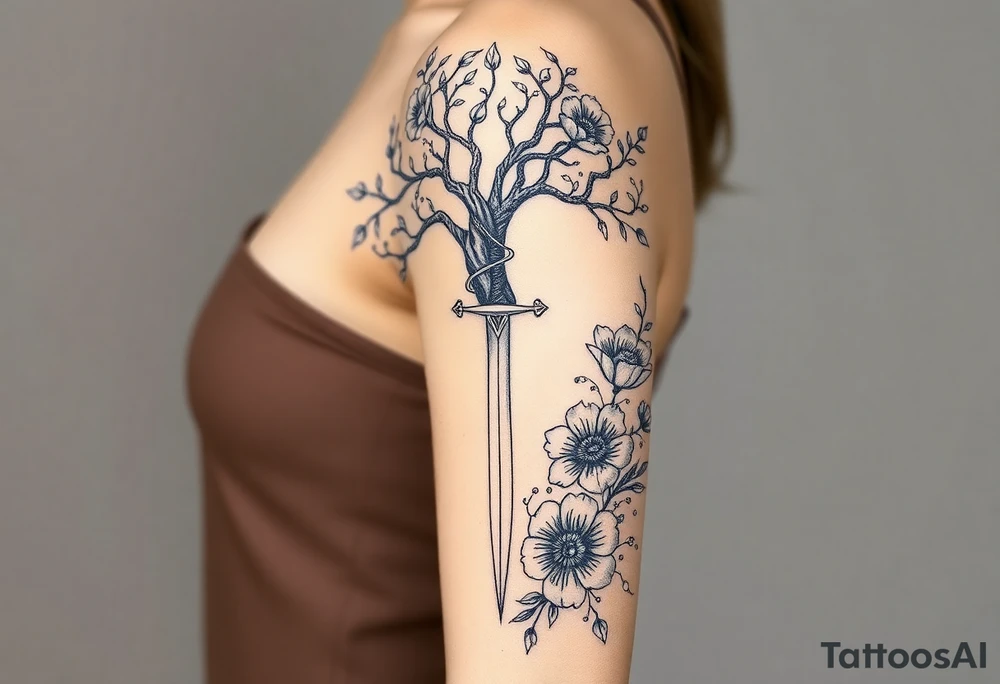 based on the Lord of the rings movies with the tree of Gondor, the Evenstar necklace, the sword Narsil, and flowers tattoo idea