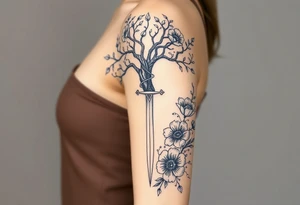 based on the Lord of the rings movies with the tree of Gondor, the Evenstar necklace, the sword Narsil, and flowers tattoo idea