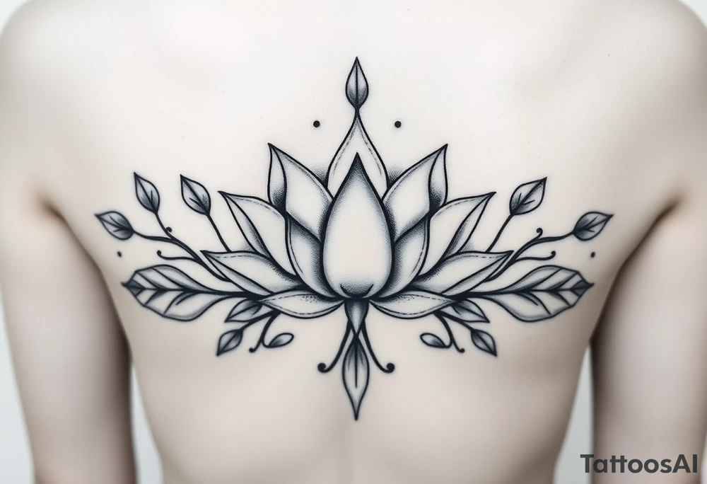 Symmetrical Lotus unalome with stems and leaves under bust tattoo idea