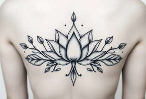 Symmetrical Lotus unalome with stems and leaves under bust tattoo idea