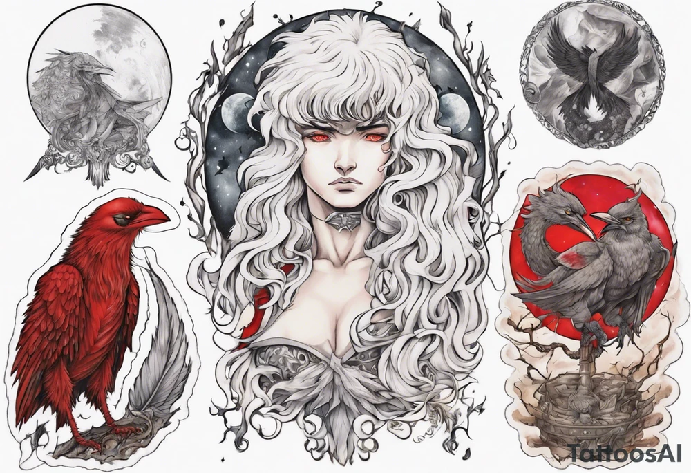 neo traditional, griffith from berserk, manga, white feather bird, red eclipse tattoo idea