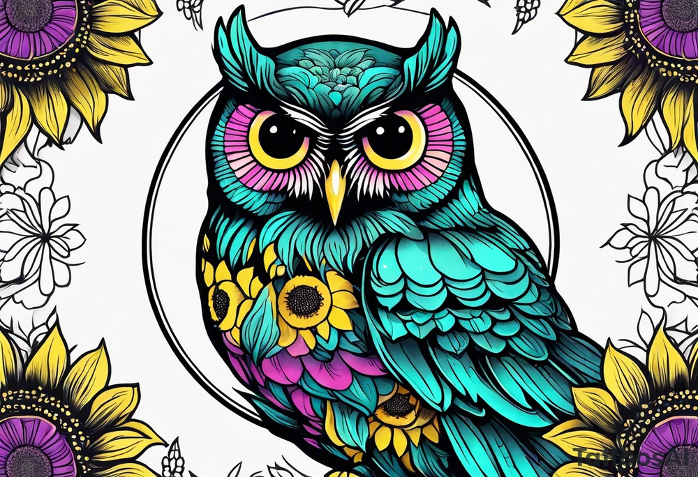 Black and white owl shaded teal, pink and purple surrounded by yellow sunflowers sleeve tattoo idea