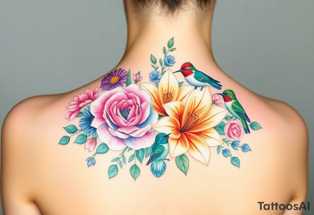 Bouquet of flowers With pastel carnation, Aster, rose, Lily, two Larkspur,  narciussus, And two little hummingbirds. tattoo idea