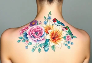 Bouquet of flowers With pastel carnation, Aster, rose, Lily, two Larkspur,  narciussus, And two little hummingbirds. tattoo idea