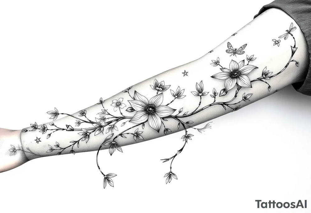 full arm thick vines with small mystical flowers, dragonflies, stars, celestial moon tattoo idea