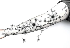 full arm thick vines with small mystical flowers, dragonflies, stars, celestial moon tattoo idea