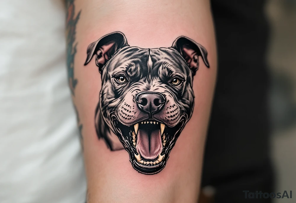 Realistic pitbull mid-snarl, in black and white with high contrast shading, mouth open, teeth bared, symbolizing power and protection. tattoo idea