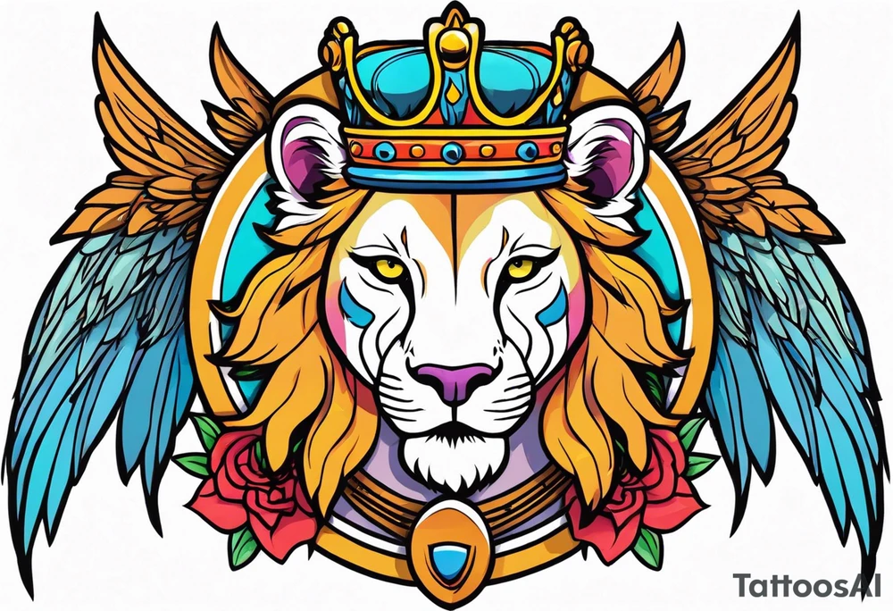 Lioness with wings crown tattoo idea