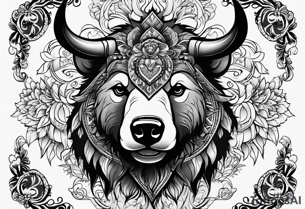 Make me a tattoo of half a bear's face and half a bull's face on one face tattoo idea