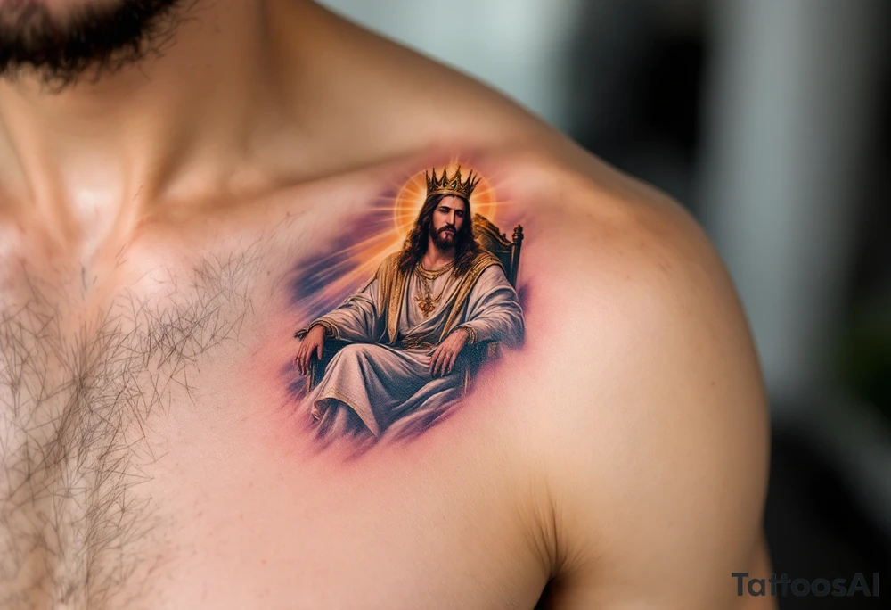 Jesus as King of Kings – A majestic Jesus wearing a golden crown, seated on a throne with bright white robes, and rays of golden light shining down upon Him. The background shows a vast kingdom of soft blues and purples. tattoo idea