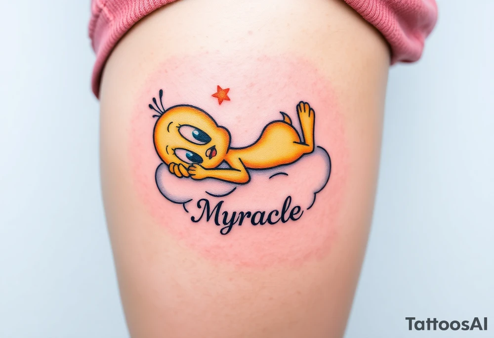 Tweety Bird laying on a cloud with his head in his hands looking up. Under the cloud in small capital letters is the name Myracle Blessing tattoo idea