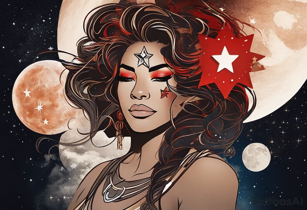 women turning to her side with a small leo zodiac symbol on her forehead, lion scratch scar on her eye and stars, moon and sun floating behind her head. however at the bottom  have her blend away like a smoke effect, you can use Stars or clouds to help fill in space. Also create a somewhat Smokey thin red line wrapping going from the back of the neck to the pinky and overlapping the woman tattoo as well. tattoo idea