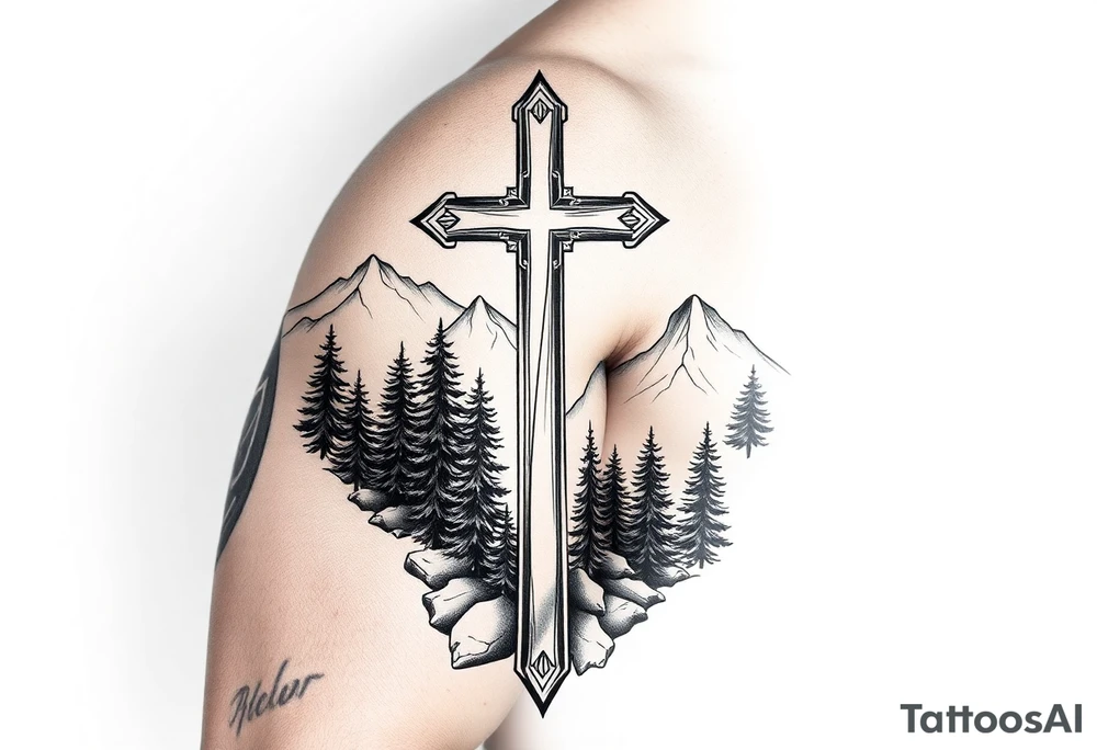 russian orthodox cross in a light forrest mountainous setting tattoo idea