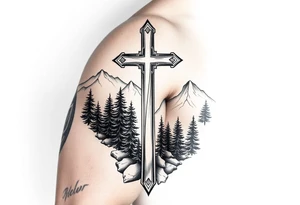 russian orthodox cross in a light forrest mountainous setting tattoo idea