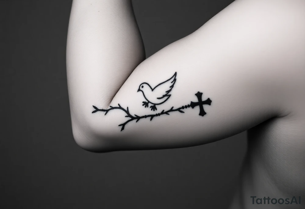 i have a front arm tat with a small dove at the front of the above the wrist and thorns covering through the wrist like a bracelet and prayer beads all throughout the words that say you never know how strong you are until being strong is the only choice you have and a cross on the side of the dove and theres also a dove rat the baxck of thee arm right near the elbow a bigger dove and theres a biggert cross right by that dover too make a tatoo of that and the cross isnt normal its super unique looking and has that cool look too it and detailed tattoo idea