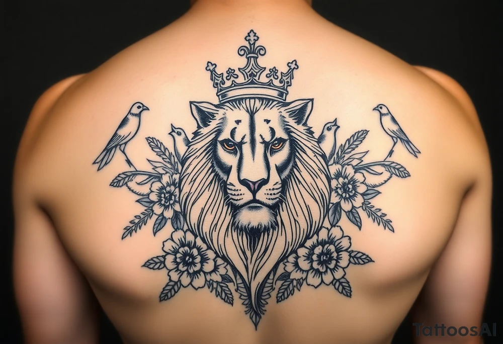 powerful majestic lion with a crown, surrounded by floral ornaments and birds tattoo idea