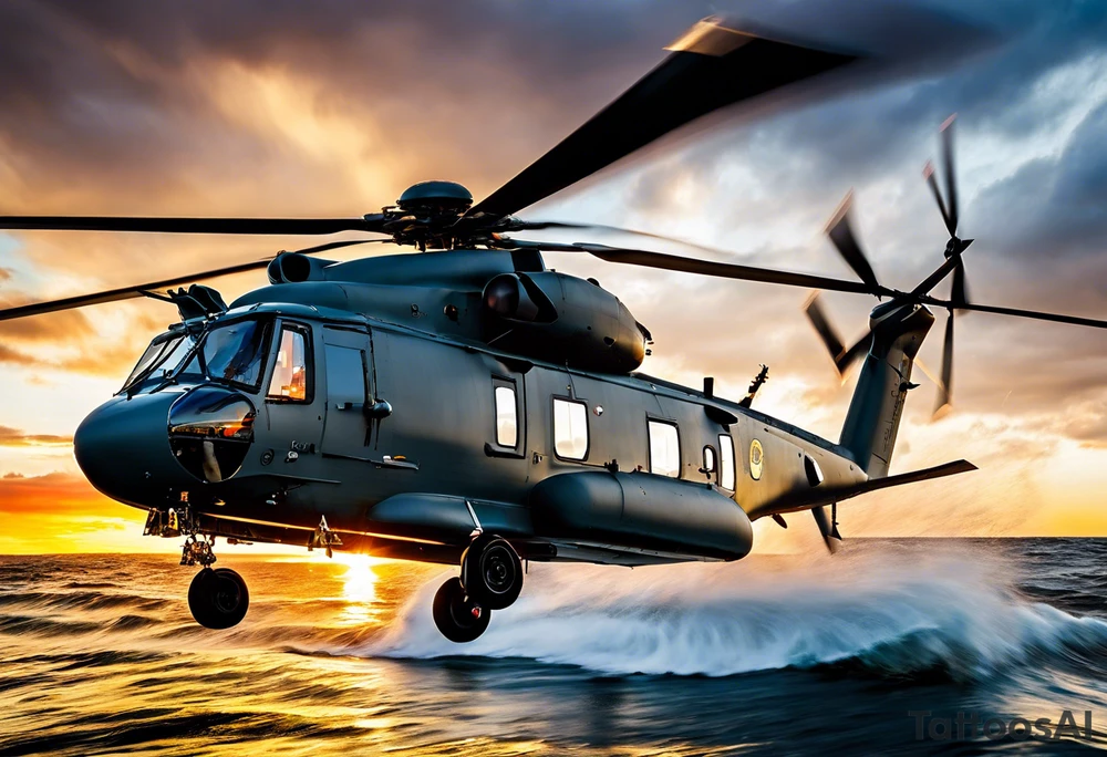 Canadian military grey CH-148 Cyclone helicopter soaring low over rough, ocean waves. The sun is setting, casting a dramatic glow on the scene with realistic clouds and a specular reflection of the helicopter on the water. The helicopter should be the main focus, with intricate details and a sense of motion. In the background, a poppy be prominently displayed tattoo idea