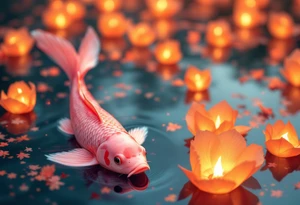 Pink Koi with Floating Lanterns – A soft pink koi surrounded by glowing orange paper lanterns on water, evoking peace, hope, and remembrance. tattoo idea