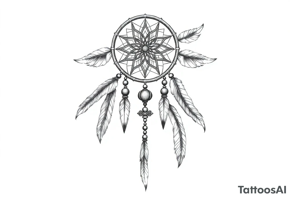 native dreamcatcher with flowing feathers and sacred beads tattoo idea