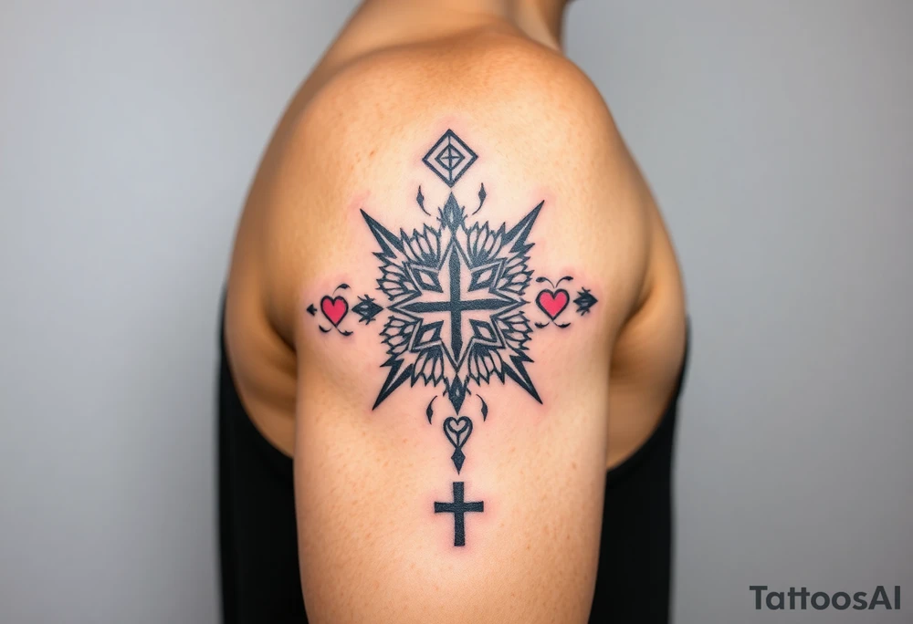 Cover right arm from shoulder to elbow, front and back.
Style is geométricas and tribal. Include healthy and wellness symbols, making a connection between the symbols. Include hearts and names of son and daughter small hidden in the symbols: Isabela, Gabriel, Laura.
Include cross
Draw should cover entire area tattoo idea