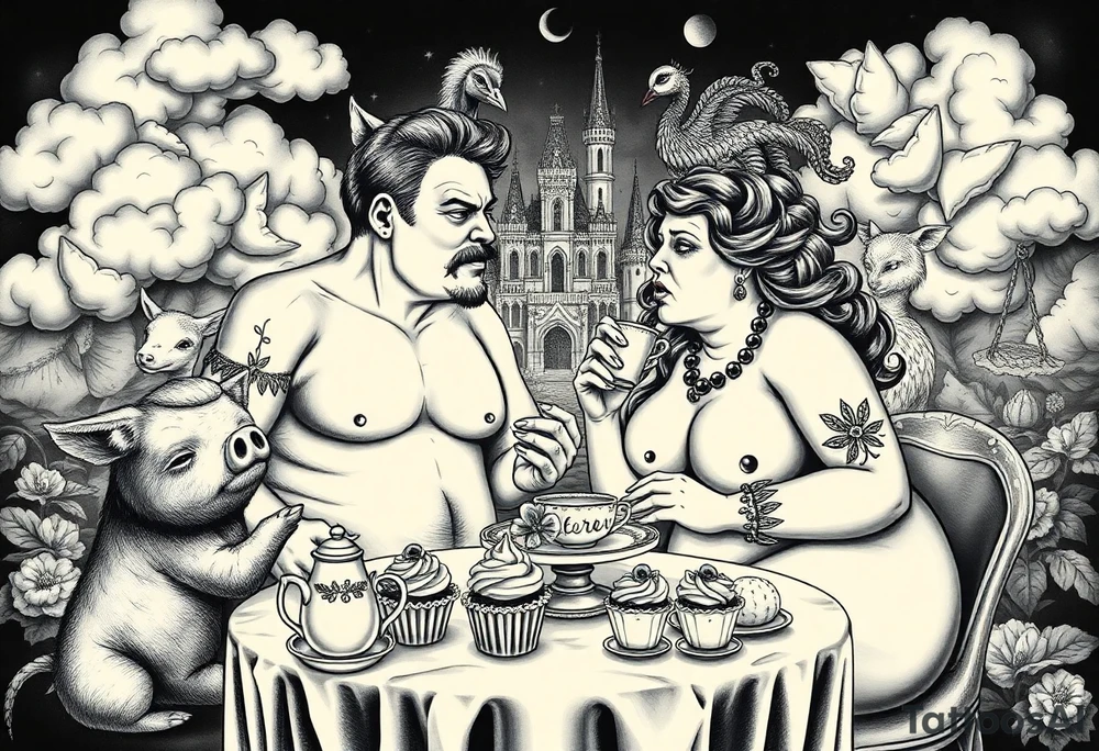 Naked Man and fat woman having sex eating cupcakes and  fruit  having sexy naked fat lady having a tea party with tea pots  swith fancy castle  
with mystical  a pigs, peacock,  lion, goat, noose and smoking cigerettes looking in the mirror thru storm clouds and broken hearts and darkness and wrath, envy , gluttony, greed, sloth, pride . Gothic tattoo idea