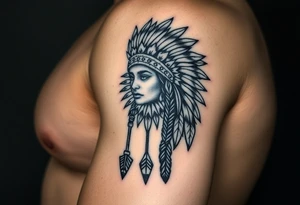 Native American girl with headdress the sun and arrowhead tattoo idea